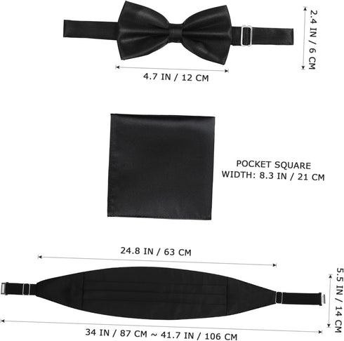 Mens Cummerbund and Bow Tie Set Pocket Square Bow Tie Black Mens Formal Satin Bowtie and Cummerbund Set Gentlemen Suit Accessories for Business We...