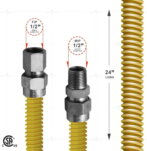 Gas Connector 24 inch Yellow Coated Stainless Steel, 5/8" OD Flexible Gas Hose Connector for Gas Range, Furnace, Stove with 1/2” FIP x 1/2” MIP St...