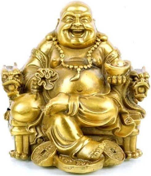 Fengshui Buddha Statue for Lucky & Happiness God of Wealth,Laughing Buddha on Emperor`s Dragon Chair,Brass Buddhist Statues and Sculptures Home De...