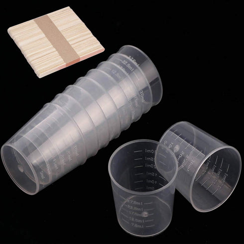 100 Pack 1oz/30ml Plastic Graduated Cups Transparent Scale Cups with 50 Pack Wooden Stirring Sticks for Mixing Paint, Stain, Epoxy, Resin...