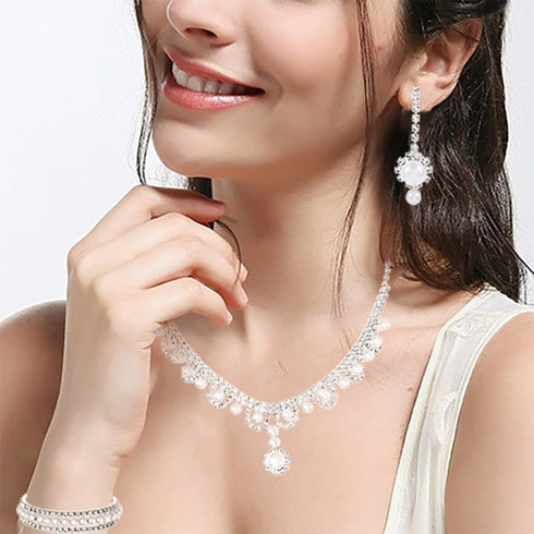 Urieo 3 PCS Pearl Bridal Jewelry Set Silver Rhinestone Necklace Drop Earrings Bangle Bracelet Elegant Costume Wedding Jewelry Accessories Prom Par...