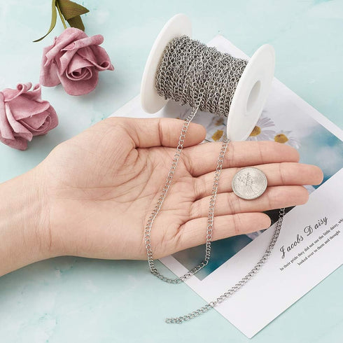 Pandahall 32.8 Feet/10M 304 Stainless Steel Curb Chains with Spool Stainless Steel Color Plated 4x3x1.2mm Soldered Handcraft Chain for Bracelet Ne...