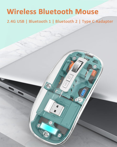 Uiosmuph Bluetooth Wireless Mouse Tri-Mode (BT5.1+BT5.1+2.4GHz) USB C Rechargeable Transparent Computer Mouse Silent with USB Receiver & Type C Ad...