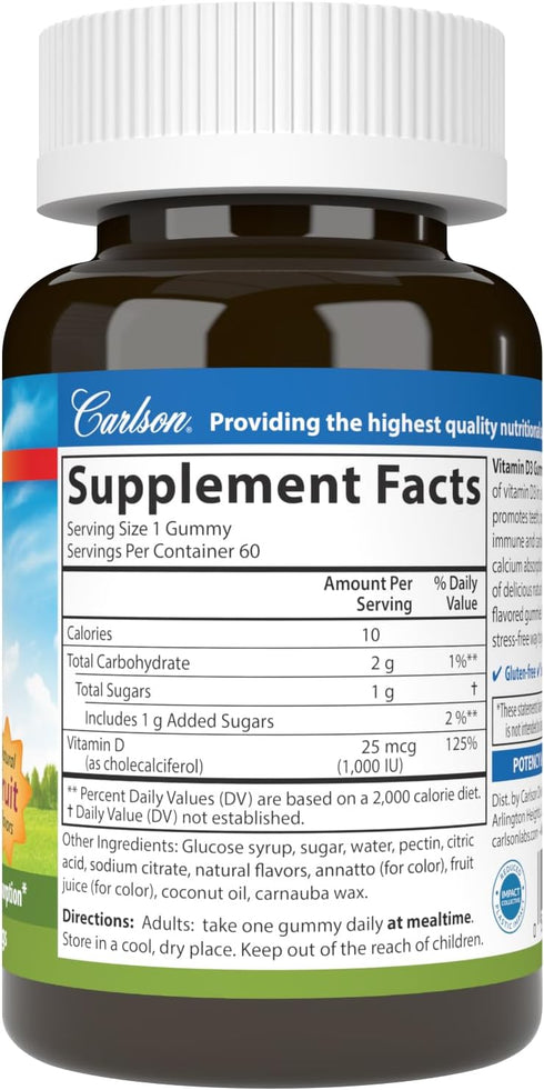 Carlson - Vitamin D3 Gummies, 1000 IU (25 mcg), Bone Health, Immune Support & Calcium Absorption, Natural Fruit Flavors, 60 Vegetarian Gummies...