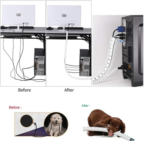 White PC Cable Management Sleeve Value Pack, Large 1.1" Pet Cord Protector and 0.87" Cord Organizer Bundler with Cable Tie Clips for Computer TV H...