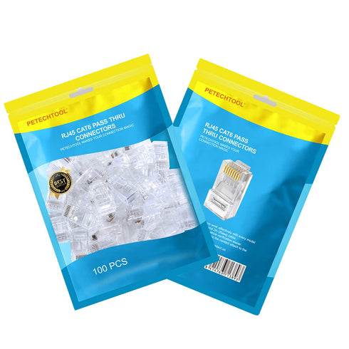 PETECHTOOL RJ45 Cat6 Cat5 Connectors Ends Gold Plated 8P8C Ethernet Pass Through Plug (100Pack)......