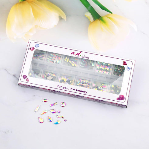 AD Beads 300 Pieces Flat Back Gems 11 Shapes Crystal Rhinestones 12 Sizes Rhinestones for Crafts Nail Face Art Clothes Shoes Bags DIY(Clear AB)...