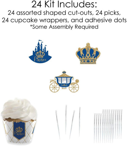 Big Dot of Happiness Royal Prince Charming - Cupcake Decoration - Baby Shower or Birthday Party Wrappers and Treat Picks Kit - Set of 24...