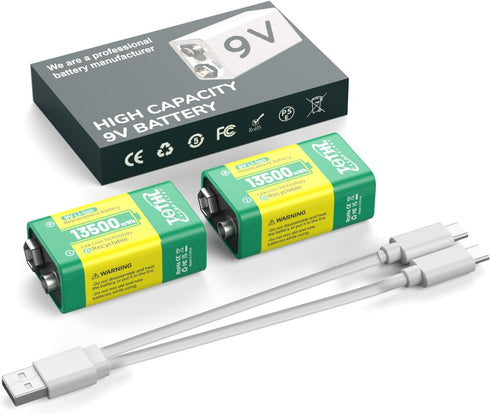Rechargeable 9V Lithium Batteries - 13500mWh Long Lasting LI-ion Batteries with Micro Charging Cable - Quick Charge in 1.5 Hours, 9 Volt Battery f...