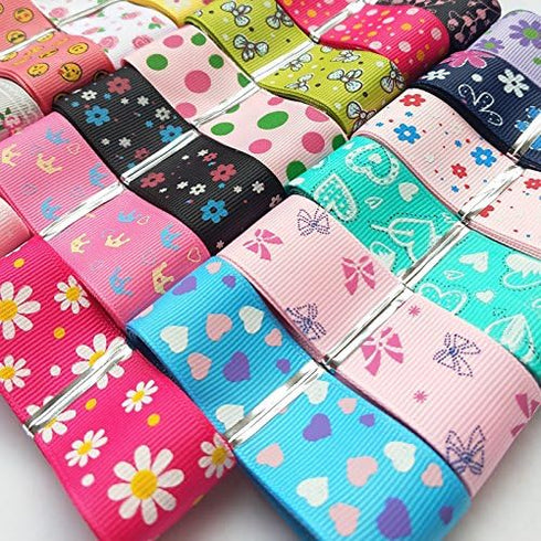 Assorted 20 Yards Grosgrain Ribbon Bow Daisy Butterfly Cake Love Heart Dots Flower Rose Smile Face Craft DIY Packing Hair Bow Accessory...