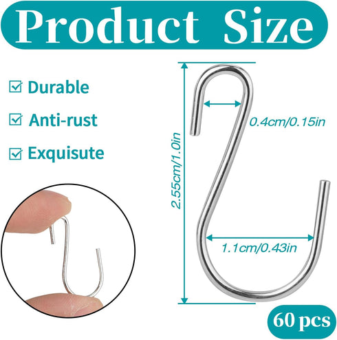 60 PCS S Hooks for Hanging 1 Inch Metal Hanging Hooks Mini S Hooks S Shaped Iron Wire Hook Hanger for Hanging Jewelry Small Kitchenware Potted Pla...