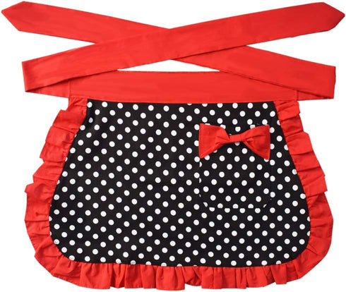 Black Sexy Polka Dot Ruffle Side Cotton Kitchen Cooking Waist Waitress Server Half Aprons with Pocket Women Girl...