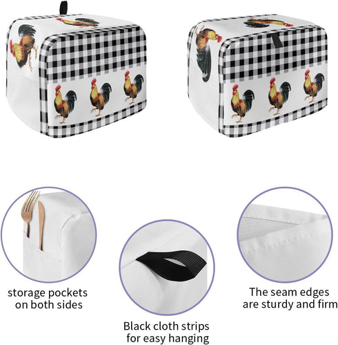 Toaster Dust Cover with Pockets, Rooster Summer Farm Style Black White Buffalo Plaid Soft Washable 2 Slice Toaster Cover, Dust-proof Cover for Sma...