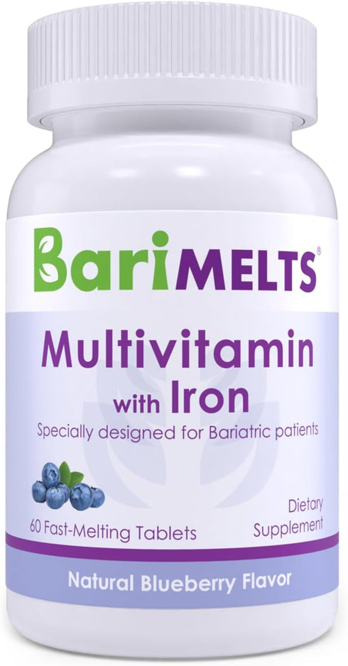 BariMelts Bariatric Multivitamin with Iron - 1 Month Supply (60 Fast-Dissolving Tablets) - Sugar-Free - Post-Op Bariatric Vitamins - Natural Blueb...