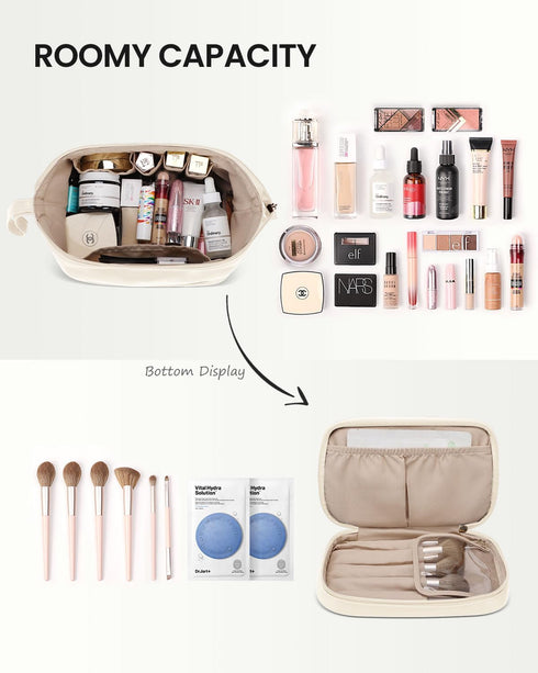 Pocmimut Makeup Bag, Leather Make Up Bag Travel Cosmetic Bags for Women, Large Wide-open Makeup Bag Double Layer Toiletry Bag Make Up Organizer Ca...