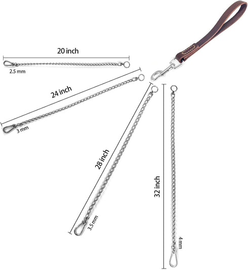 Dog Chain Short Leash with Leather Handle, 304 Stainless Steel Dog Short Lead Metal Heavy Duty Chain DIY Double Dog Leashes,Extend&Coupler. (Leath...