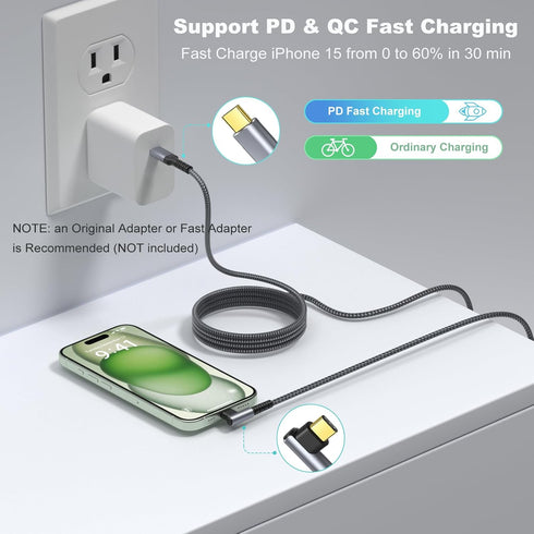 OKRAY USB C Cable, 2-Pack 10ft iPhone 15 Charger Cord USB-C to C 90 Degree Right Angle 60W Fast Charging Compatible for iPhone 15 Pro Max Plus, Ma...
