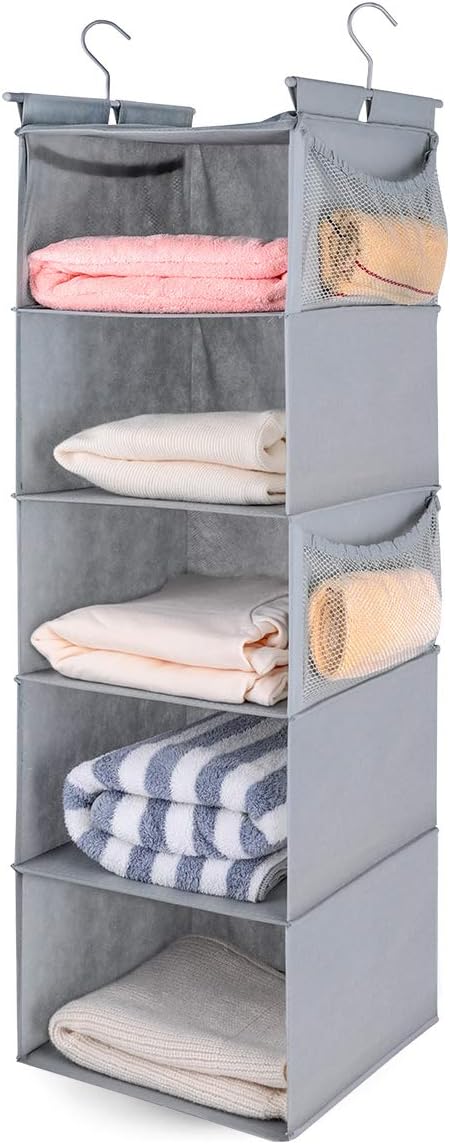 MAX Houser 5 Shelf Hanging Closet Organizer,Space Saver, Closet Hanging Shelves with (4) Side Pockets,Foldable,Light Grey...