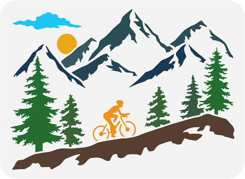 FINGERINSPIRE Mountain Tree and Cyclist Stencil 8.3x11.7inch Reusable Mountaineering Bikers Drawing Stencil Sunrise Painting Template Sports Theme...