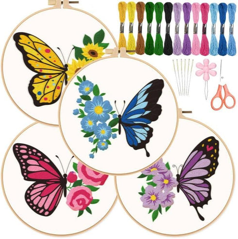 ORIGACH 4 Pack Flowers and Butterfly Embroidery Kits for Beginners, DIY Starter Hand Embroidery Kit with Floral and Butterfly Patterns and Instruc...