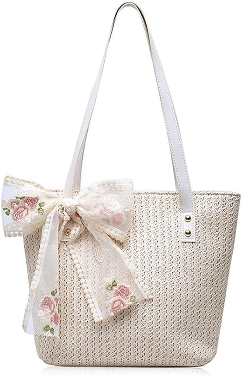 Women Large Straw Beach Tote Bag Summer Hand-woven Bags Shoulder Bag Leather Handle Beach Handbags with Cute Lace Bow Small (White)...