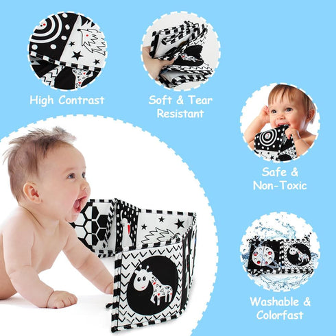 Black and White High Contrast Soft Book for Babies 0-12 Months - Early Education Infant Tummy Time and Sensory Toys, Montessori Cloth Book Activit...