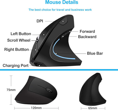Ergonomic Mouse Vertical -Rechargeable 2.4GHz Optical (Bluetooth+USB+USB C) modes Wireless Mice- 800/1200/1600DPI 6 Buttons for Laptop Computer PC...