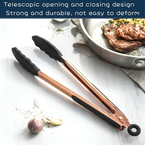 KAISHANE Kitchen Food Tongs-Rose Gold Tongs Copper Stainless Steel Silicone Tipped Kitchen Food BBQ and Cooking Tongs Set 9” and 12” for Non Stick...