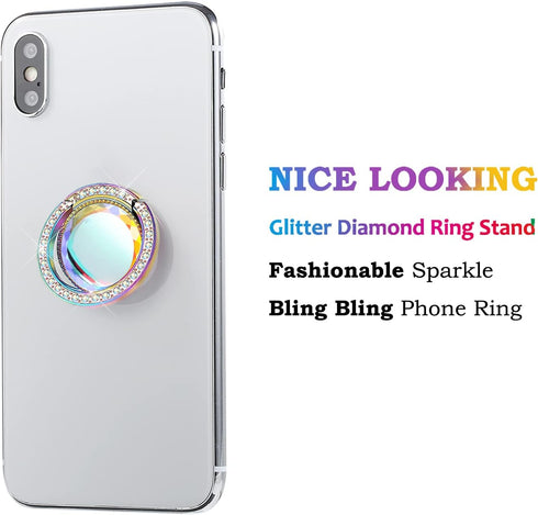 Iridescent Glitter Bling Bling Phone Ring Holder,Sparkle Phone Ring Grip Artificial Stand with Flat Diamond,Flat Rhinestone Cell Finger Ring for P...
