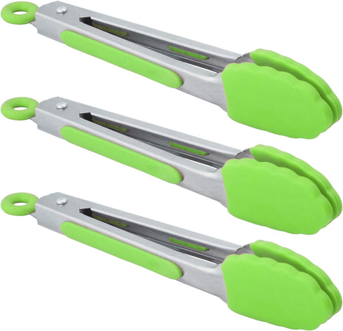 Mini Tongs with Silicone Tips 7 Inch Small Cooking Tongs, Set of 3 (Green)...