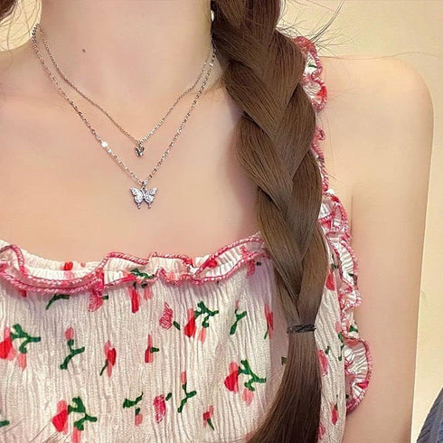 Pingyongchang Bohemian Butterfly Pendant Necklace Choker Silver Layered Crystal Choker Necklace Layered Lace Chain Rhinestone Necklace Insect Chai...