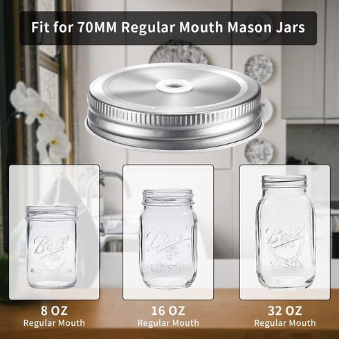 26 PCS Regular Mouth Mason Jar Lids With Straw Hole - 70MM Canning Caps for Drinking and Food Storage, Silver Tinplate With Silicone Ring, Straws,...