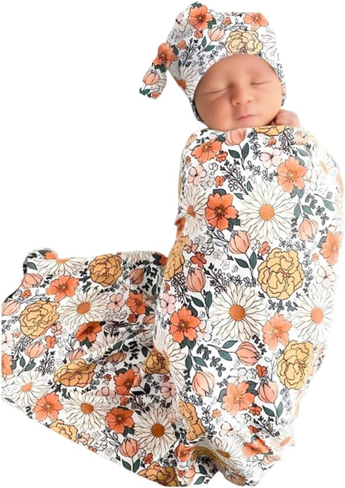Newborn Swaddle Blanket Headband Hat Set Baby Girl Print Receiving Blanket New Born Hospital Outfit Infant Shower Gift 0-3 Months (Vintage Flower ...