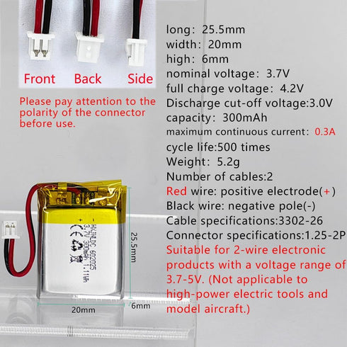 DC 3.7V 300mAh 602025 Rechargeable Lithium Polymer Battery, Suitable for DIY 3.7-5V Electronic Products with Built-in 2-Wire Battery Replacement a...