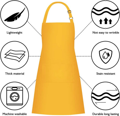 Jubatus 2 Pack Bib Aprons with 2 Pockets Cooking Chef Kitchen Apron for Women Men, Yellow...