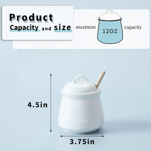 HAOTOP Ceramic Honey pot with Lid and Honey Dipper,Porcelain Honey Jar Easy to Clean and Dishwasher Safe,12oz (White)...