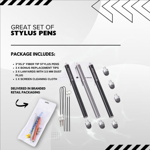 The Friendly Swede Mesh Tip Stylus Pen for Touchscreen — 3-Pack Micro-Knit Capacitive Stylus Pen for iPad & iPhone with 3 Replaceable Fiber Tips, ...