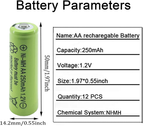 12 Counts AA 250mAh NiMH Rechargeable Batteries,1.2V Double A Battery for Garden Landscaping Solar Lights...