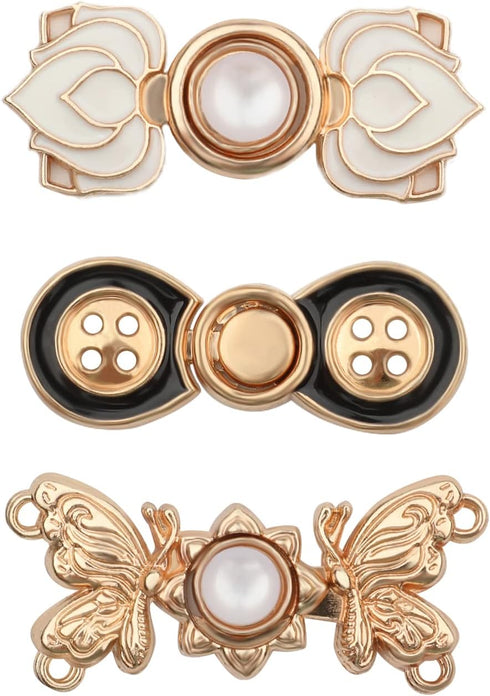 3 Sets Waist Tightener Clip, Metal Adjustable Waist Buckle for Women Pearl Floral Sewing Jean Buttons Pins Stylish Waist Adjuster Clips for Dresse...