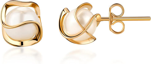 Barzel 18K Gold Plated Caged Pearl Stud Earrings, 4MM - Made In Brazil...