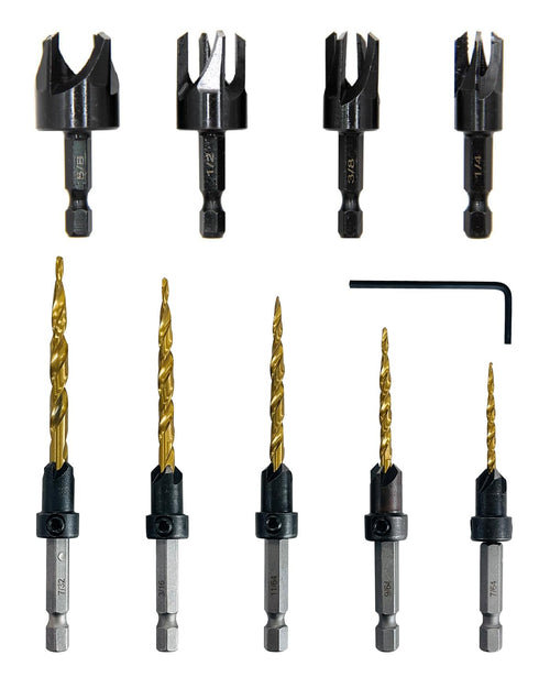 9Pcs Wood Countersink Drill Bit Set, Titanium Tapered Drill Bits and Wood Plug Cutter, Countersink Chamfer Drilling Tool for Woodworking and Carpe...
