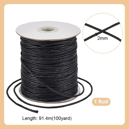 PH PandaHall 2mm Black Waxed Cord for Jewelry Making, 100 Yards Waxed Cotton Cord Thread Beading Cord String for Bracelet Necklace Waist Chain Ank...
