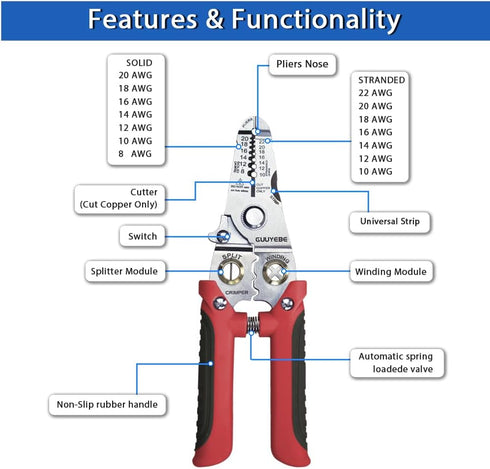 Wire Stripper, Multifunctional Wire Strippers Electrical with Cuts 8 10 12 14 16 18 20 22 AWG Cutter Pliers Splitter Winding Wires Cable Crimper C...