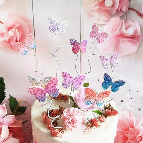 Newmemo 12pcs Gradient Sequins Butterfly Cake Toppers, Rose Gold Confetti Balloon Cake Supplies, Glitter Butterflies Cupcake Toppers Picks, Butter...