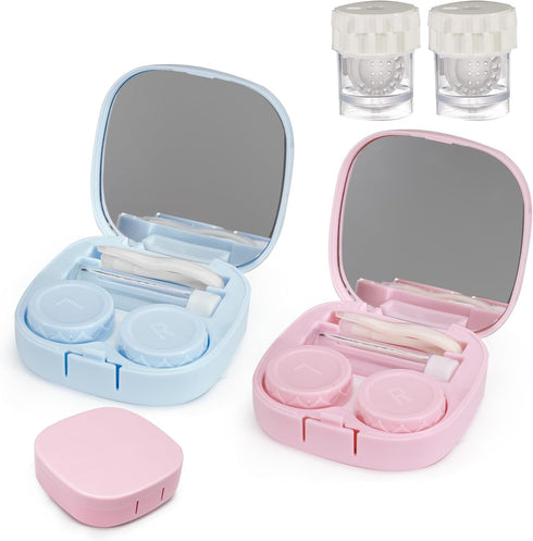 2PCS Contact Lens Case with 2Pcs Cleaner Washer, Portable Travel Eye Contact Case Contact Cases with Mirror Tweezers Remover Tool Solution Bottle ...