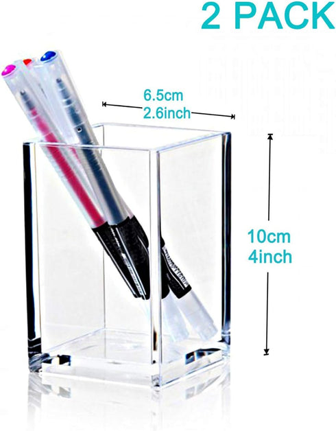 2 Pack Clear Acrylic Pencil Pen Holder Cup,Desk Accessories Holder,Makeup Brush Storage Organizer,Modern Design Desktop Stationery Organizer for O...