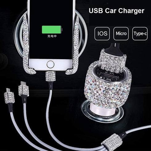 Bling Car Charger with USB Cable Set,Luxury Crystal Car Accessories Kits for Girls & Women,Rhinestone Dual USB Car Charger with Bling 3 in 1 Nylon...