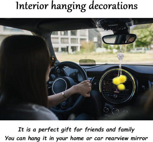 Bling Car Hanging Ornament, Cute Love Heart and Plush Ball Pendant for Auto Rear View Mirror, Lucky Diamond Rearview Mirror Charm for Women Girls,...