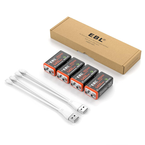 EBL Rechargeable 9V Batteries, 5400mWh USB 9V Lithium Rechargeable Battery (9V Batteries- 4 Pack)...