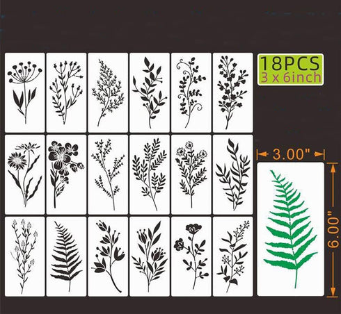18Pcs Wildflower Stencils Flower Leaf Painting Stencils Reusable Wild Flower Stencil Plastic Art Drawing Templates DIY Crafts Plant Stencil for Pa...